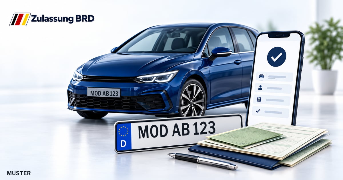 Online Fahrzeugzulassung in Buchloe: Musterkennzeichen MOD AB 123, Auto und Fahrzeugpapiere und Smartphone. Illustration mit Logo von Zulassung BRD.